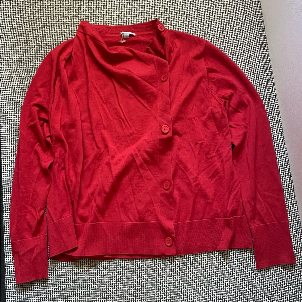 COS Red Wool Asymmetric Wool Cardigan - Shawl/Drape Style - Button Front